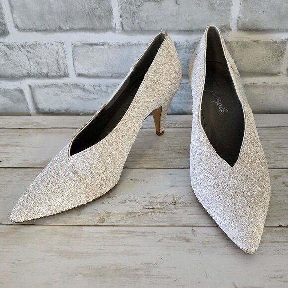 Free People White Glitter Florence Kitten Heel 37 Retro Wedding Prom Dance 6.5 - Picture 1 of 10